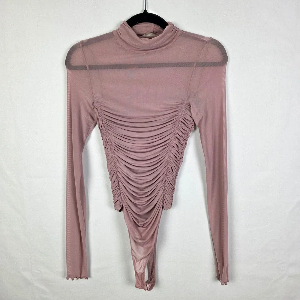 Intimately Free People Sheer Mesh Ruched Mock Neck Bodysuit Dusty Rose Mauve S‎